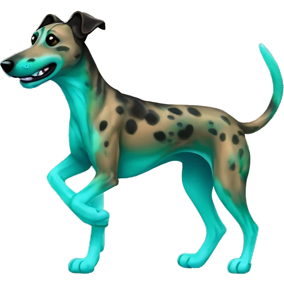 Brindle dog black face lurcher running cyan green blue lighting emoji