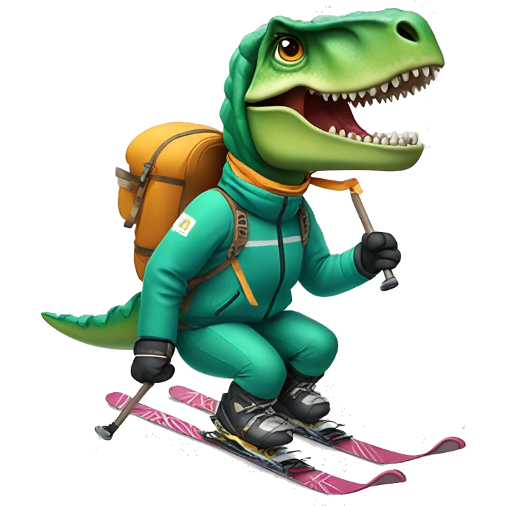 Tyrannosaurus rex downhill skiing wearing a jacket holding poles emoji