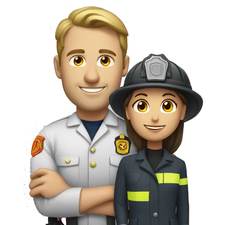 Caucasian firefighter with Caucasian female teacher  emoji