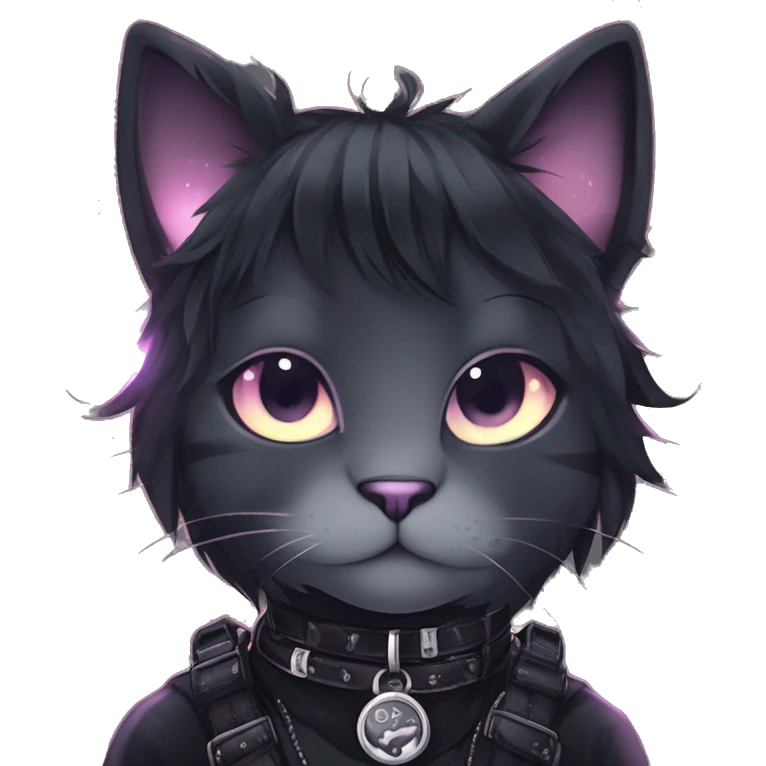 Gorgeous sparkly legendary gradient gothic dark techwear anime style anthro cat with blushing face aesthetic and pretty edgy black with collar and harness trending style emoji