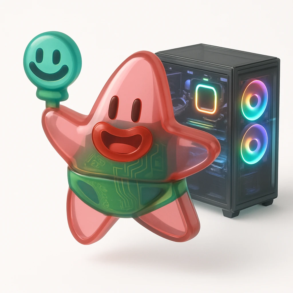 A futuristic desktop computer with glowing components visible through the case emoji