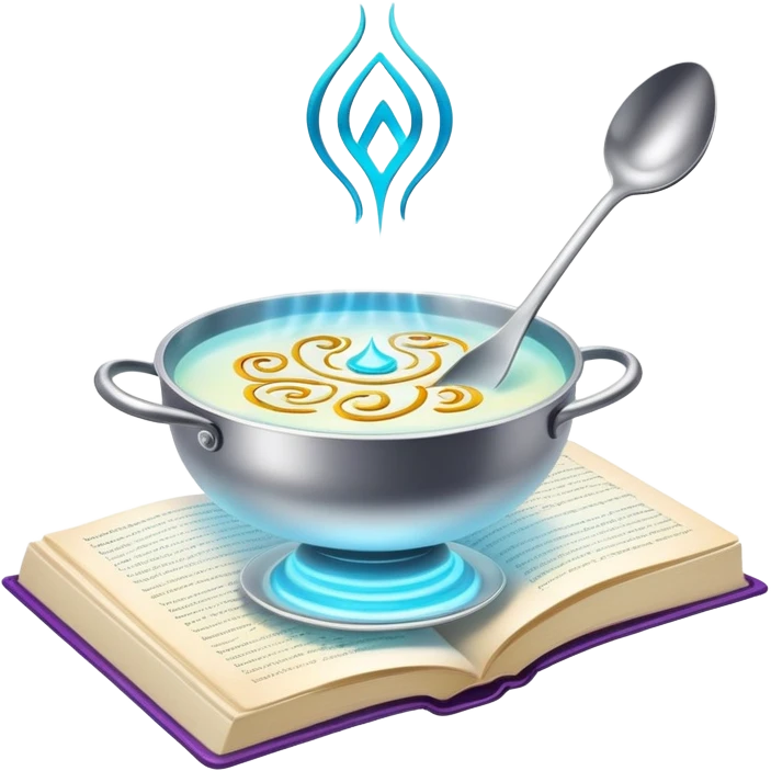 Ethereal floating cookbook with luminous aura, mystic fork and spoon symbol on cover radiating with magical energy, recipe collection emoji