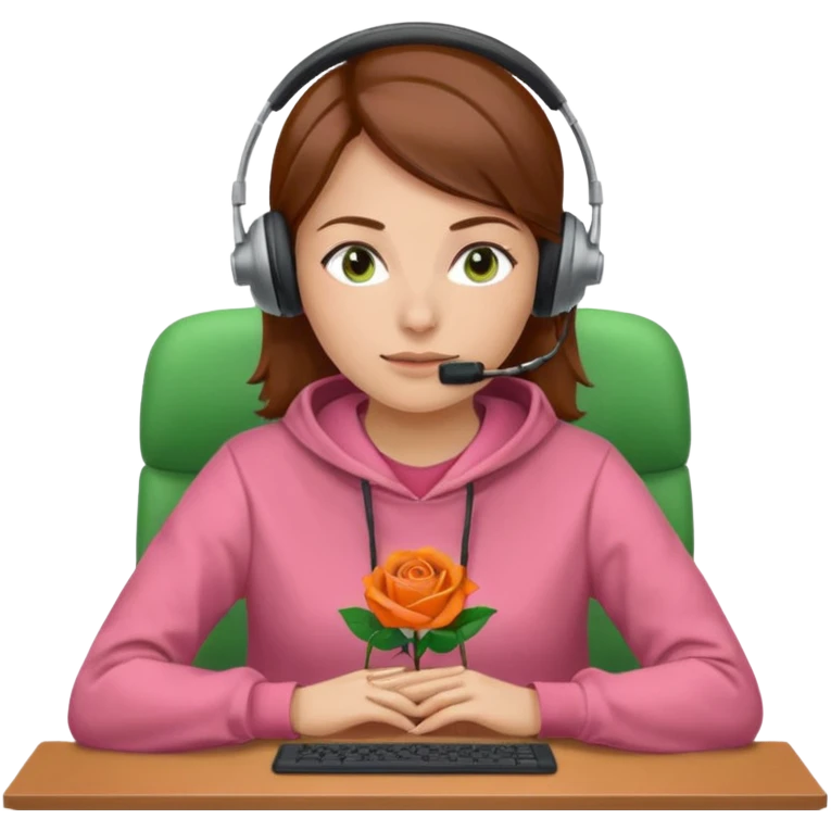 woman, brown hair, middle european, wearing a headset and rose sweatshirt. sitting in the office. she is controling limits on screen: green = ok, orange = bald überschritten, re = limite überschritten emoji