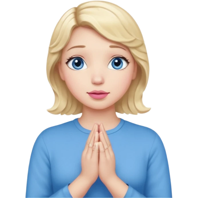 Girl Blonde short wavy hair,  blue eyes, cute blue top, long lashes, pink lips, praying hands emoji