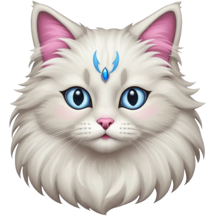 Neva masquerade cat, very fluffy, gray and white, blue eyes and pink nose emoji