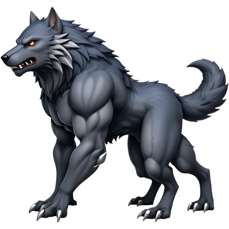 cinematic-noble-fierce-werewolf-full body on all fours-emoji, poised-and-imposing, with a tall, lean, and muscular wolfish frame inspired by the brutal, imposing shape of the beast from Berserk, fur rippling in shades of midnight black and silver, massive paws with razor-sharp claws, elongated limbs and fangs, eyes glowing with an intense, primal ferocity, reflecting the untamed power of the wild moonlit night; rendered with realism like a wolf hunched over battle ready pose ready to attack emoji