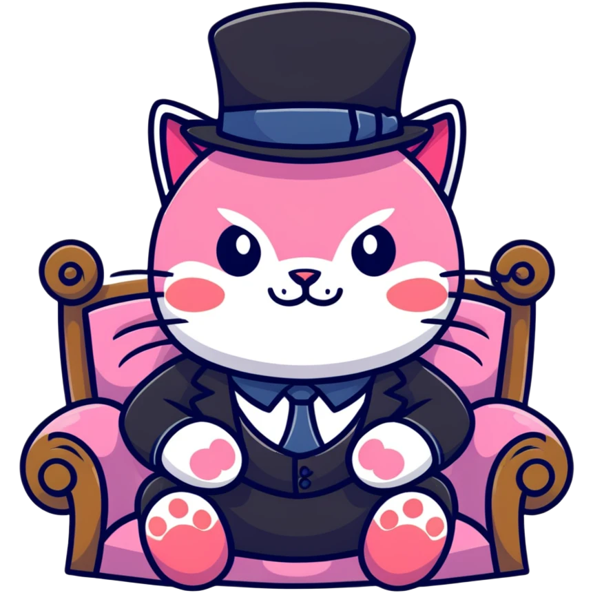 adorable pink cat mafia boss sitting on throne emoji