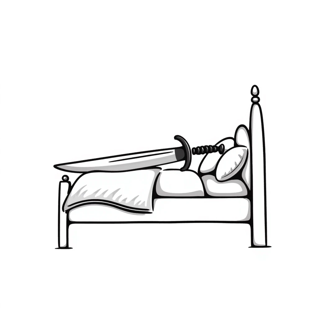 bed with a sword, hand drawn doodle style emoji