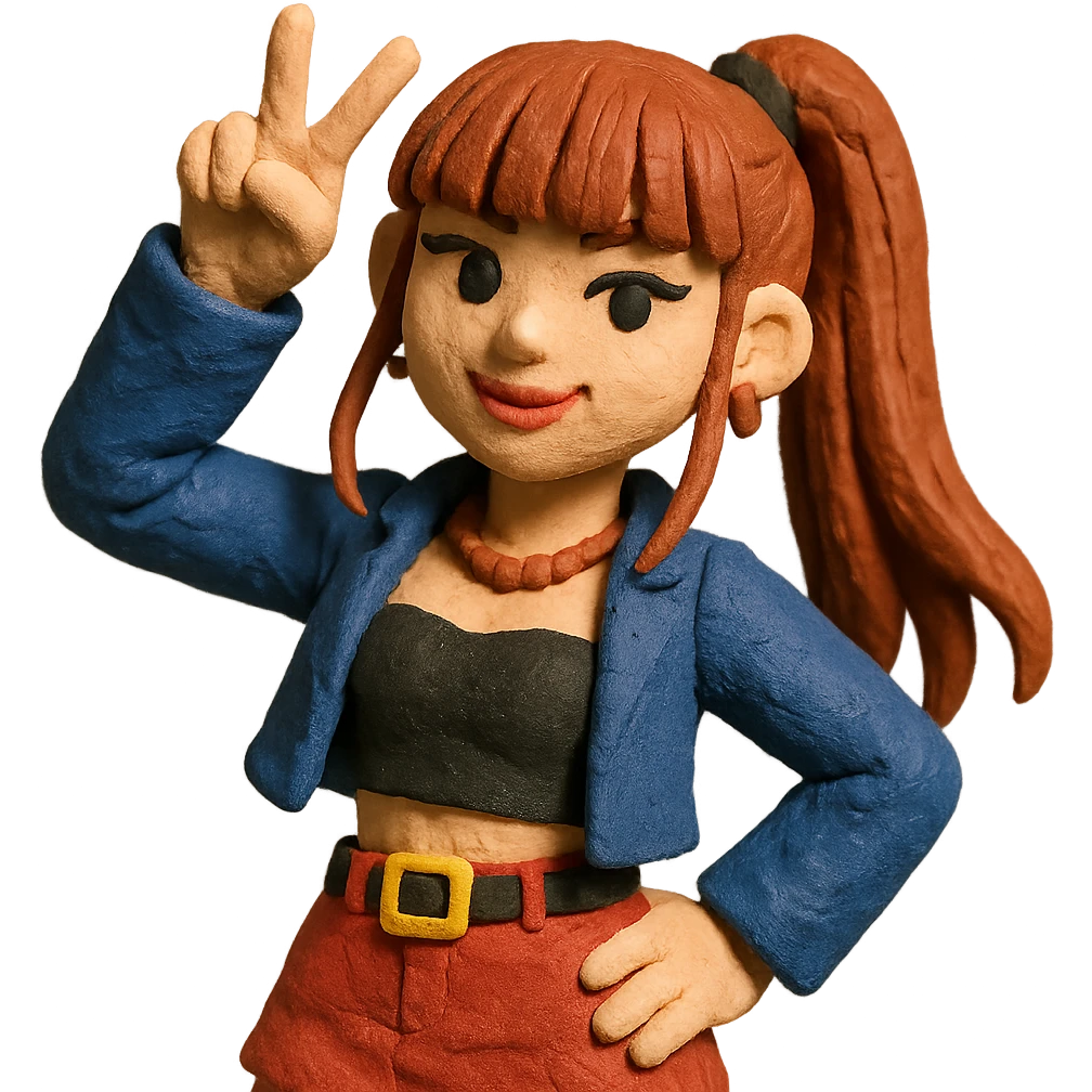 K-pop idol inspired by Blackpink, textured details, fun pose, modern outfit, claymation style emoji