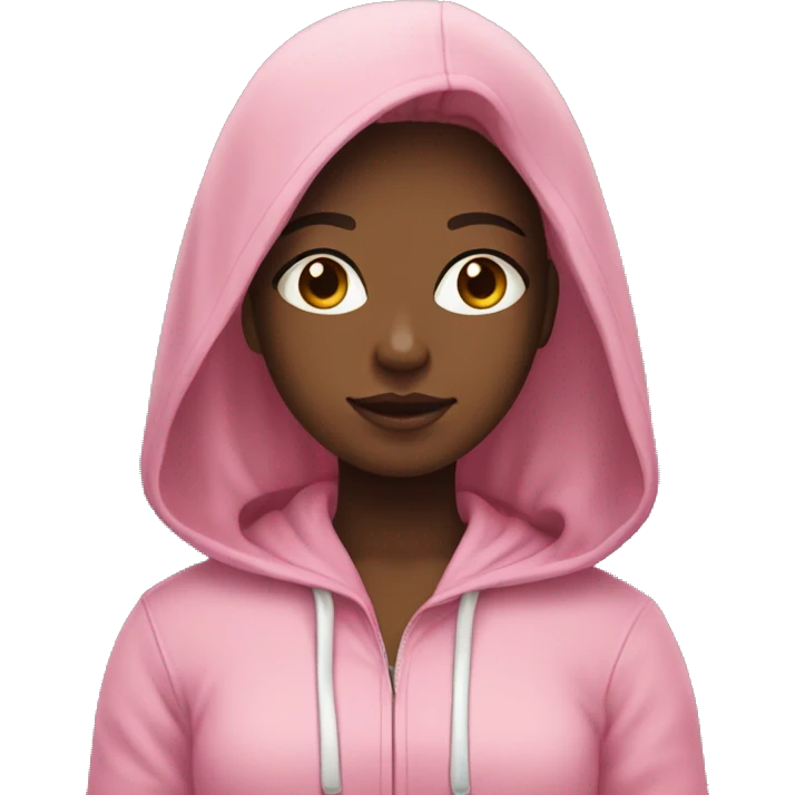 girl in pink hoodie with long dark hair and one white curl emoji
