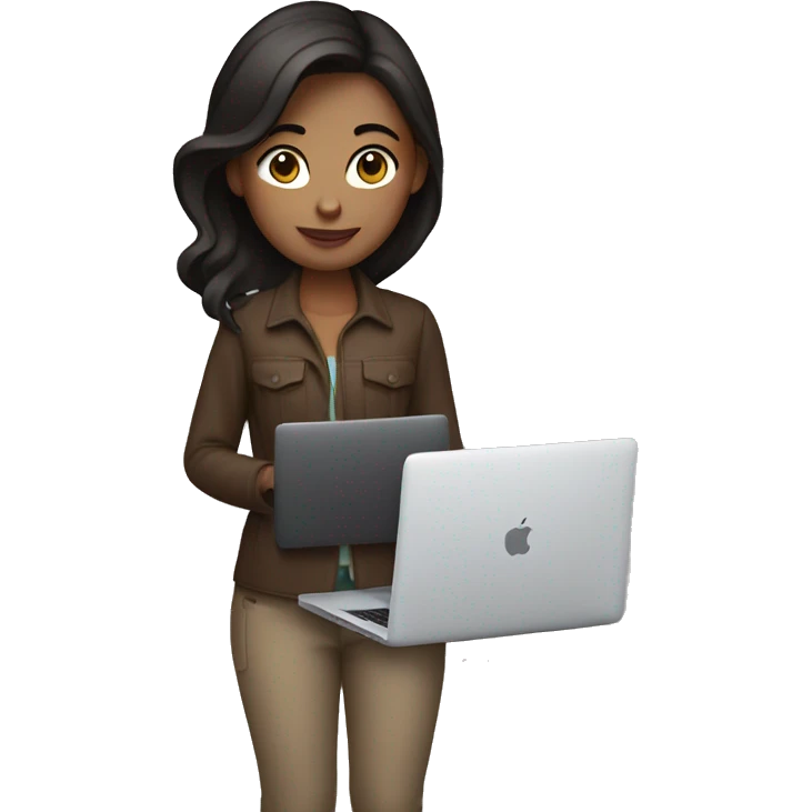 A photographer girl with dark brown hair holds a MacBook in her hand emoji