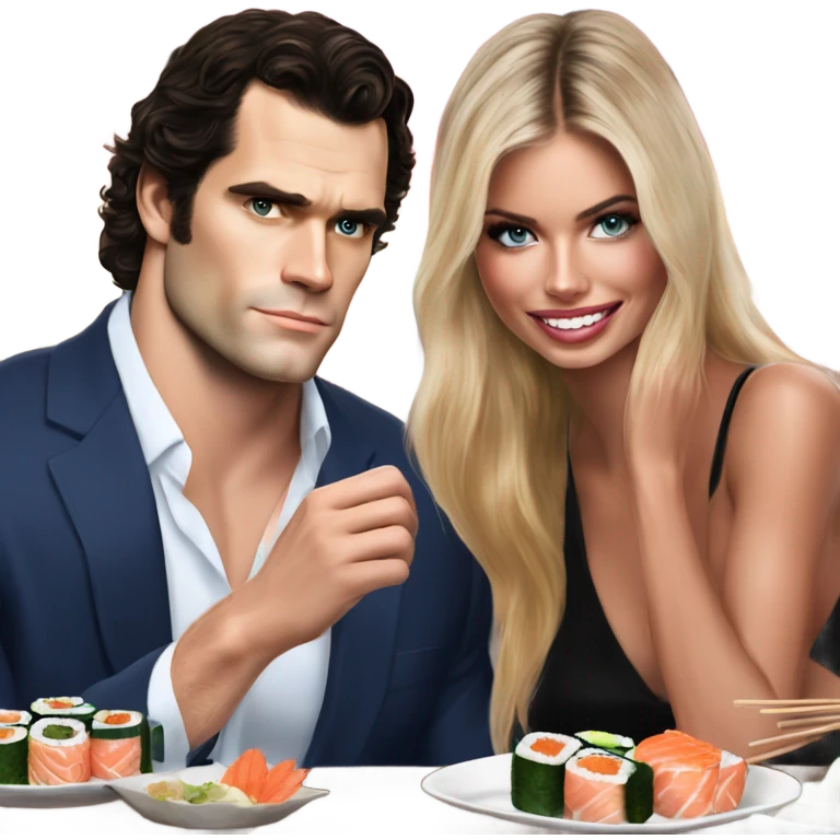 realistic photo of Henry Cavill with a beautiful  victoria secret model on a sushi date emoji