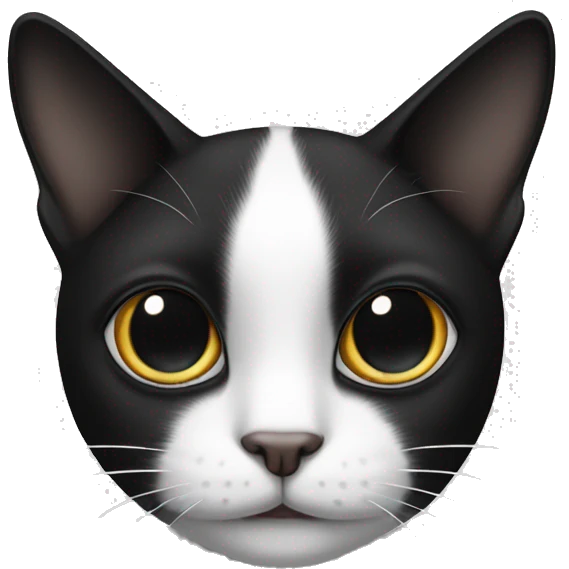 Black and white cat with a black spot on right eye and black left and right ear emoji