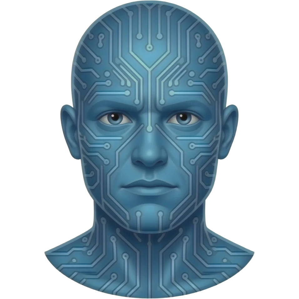 The image features a stylized portrait of Blaze Bayley with blue skin covered in computer circuitry. emoji