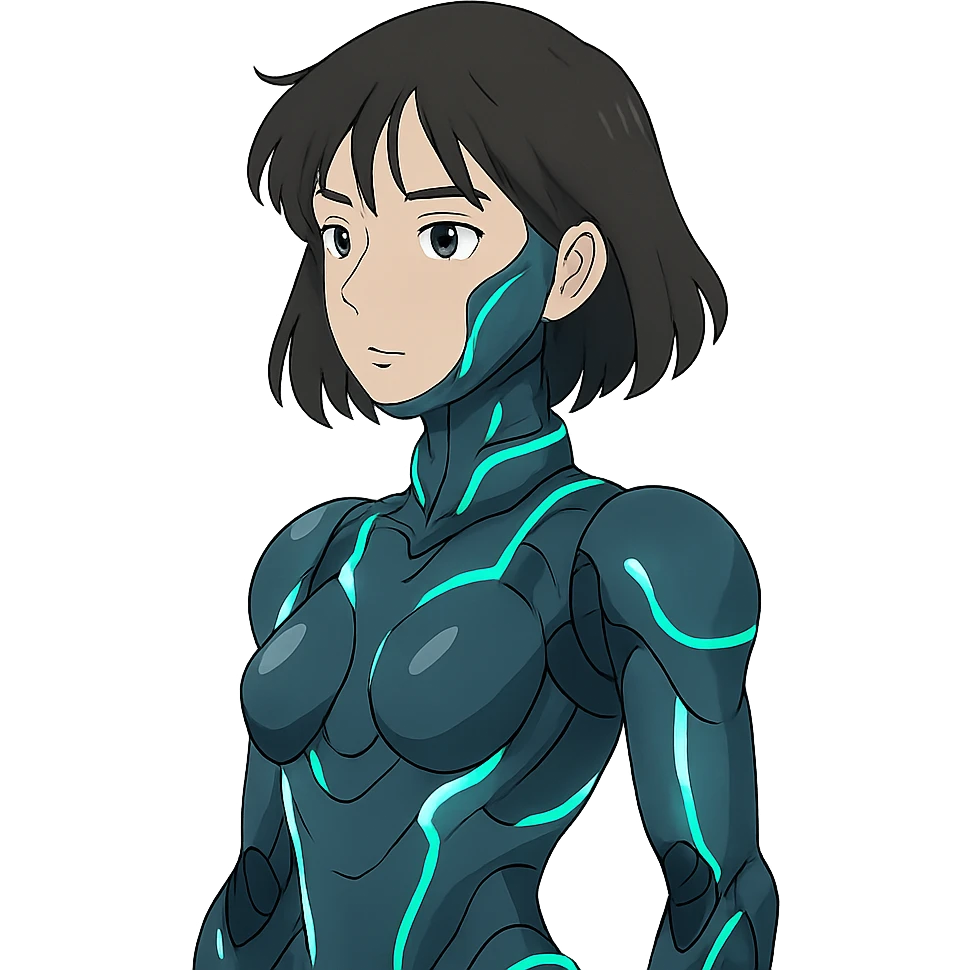 futuristic cyborg girl, anime-inspired, sleek armor, neon highlights emoji