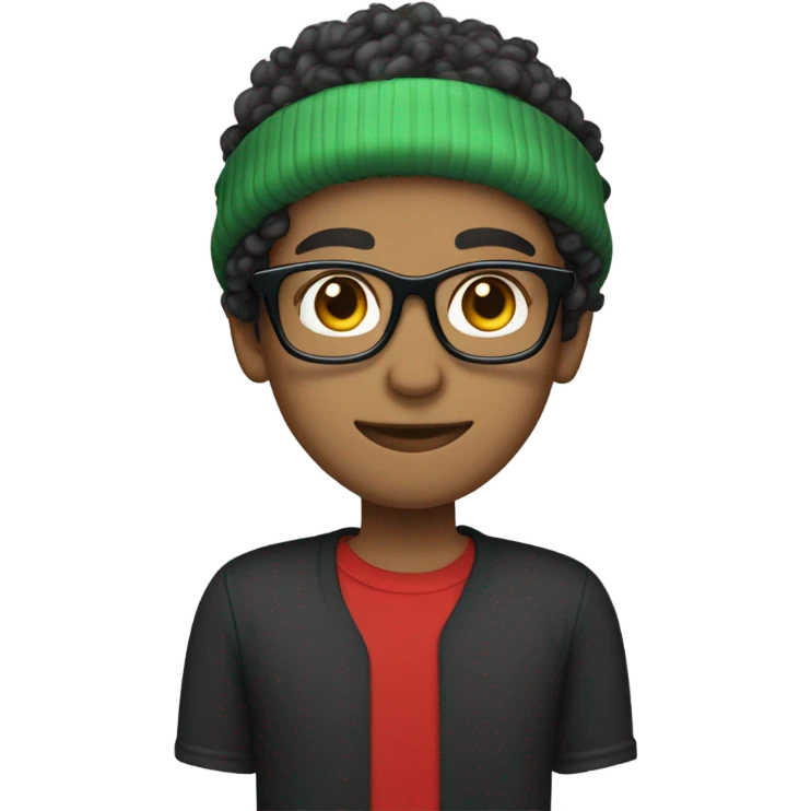 Unisex person ’light skin’ ’short curly dark green hair’ in a ’red Santa hat’ and black tshirt and round glasses  emoji