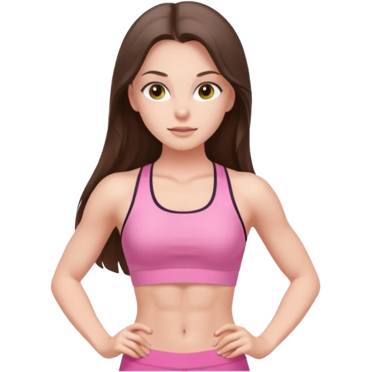 white brunette girl long hair with hazel eyes in light pink workout with abs emoji