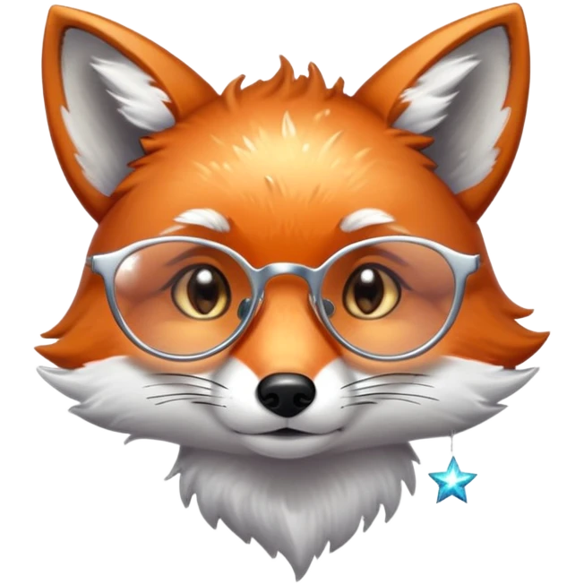 A sad fox with shimmering fur, a glowing tail, a silver star on its forehead, and round glasses, with a single tear rolling down its cheek emoji