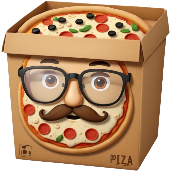 pizza take-out carton with glassess and mustache emoji