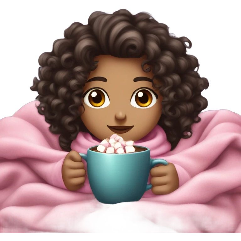 Light skin girl with dark dark brown curly hair under our pink blanket,make her look like a young  make it so you can see the curly hairsipping hot cocoa with marshmallows, cuddled around the blanket, long curly hair, long, medium lashes emoji