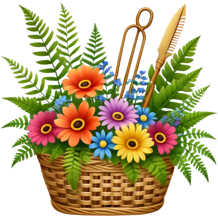 Icon for Floristry: a bouquet of flowers in a woven basket, with reeds, ferns and floral arranging tools like scissors and a flower stem. The icon should represent creativity in flower design and arranging. Transparent background. emoji