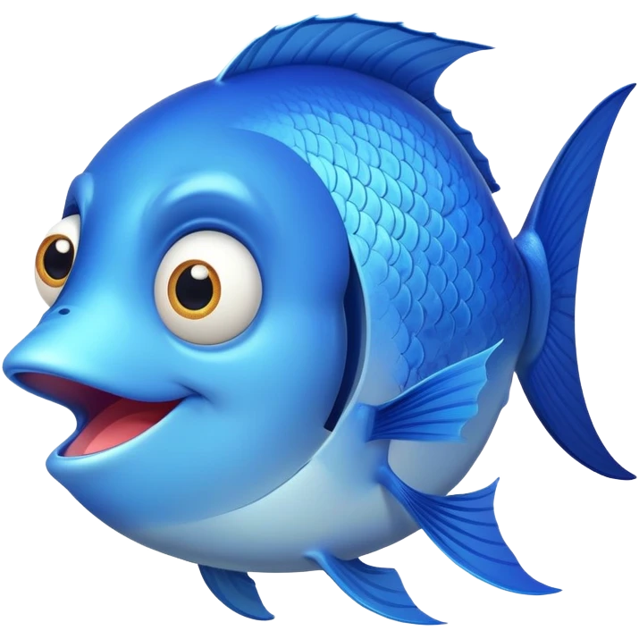 super derpy bright blue fish in side profile facing right, huge bulging eye, wide open mouth looking shocked and stupid, flat 2D side view only emoji