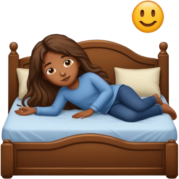 Piel morena, pelo largo  acostada en una cama emoji