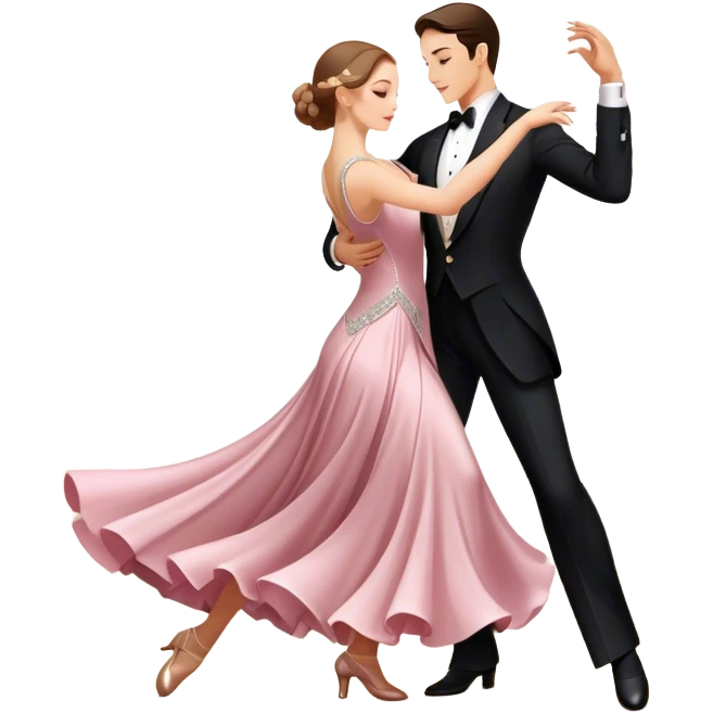 Icon for Ballroom Dancing: a couple in an elegant dance pose, with flowing dresses and tuxedos, surrounded by dance floor lights. The icon should convey the grace and elegance of ballroom dance, with focus on movement and precision. Transparent background. emoji