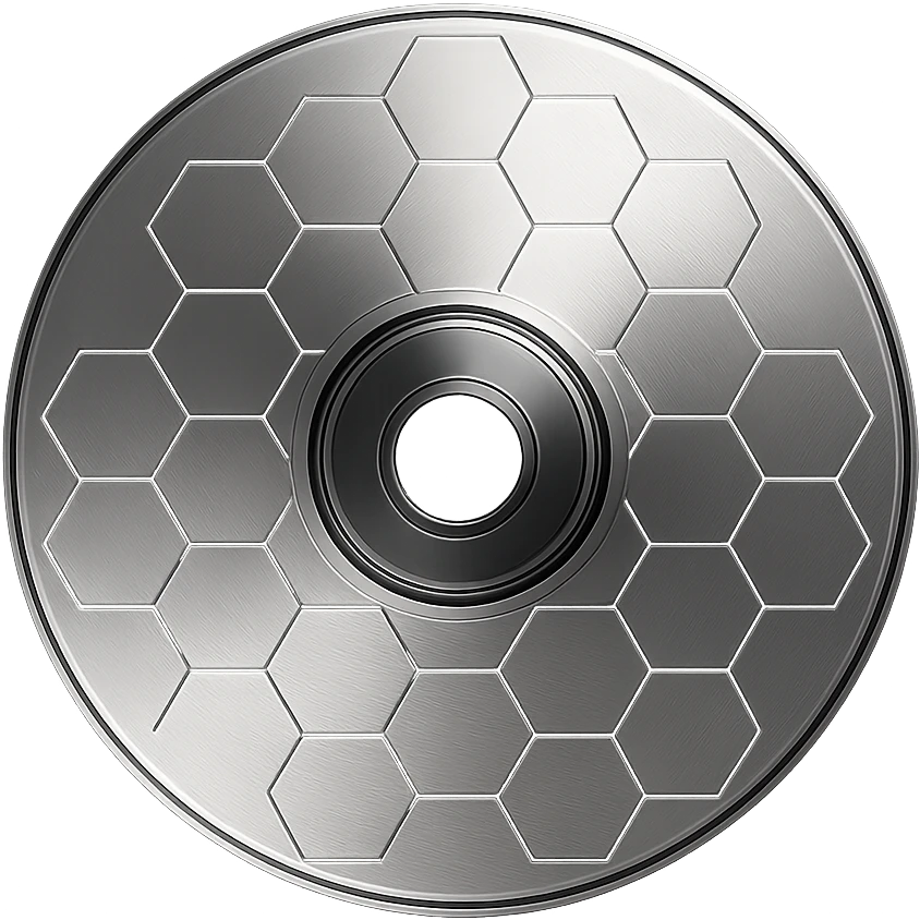A minimalist CD disc with geometric pattern, glowing effect, violet color, with a hexagonal pattern emoji