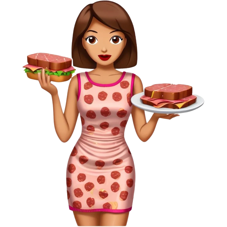 pop art woman in SPAM MEAT dress eating spam emoji