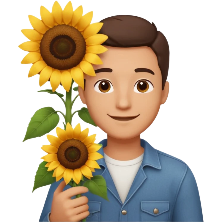 man holding a sunflower portrait, head and shoulders only, gentle smile, sunflower visible in hand, warm positive vibe, 3D cartoon style, mobile game icon style, clean background, no text, no watermark
 emoji