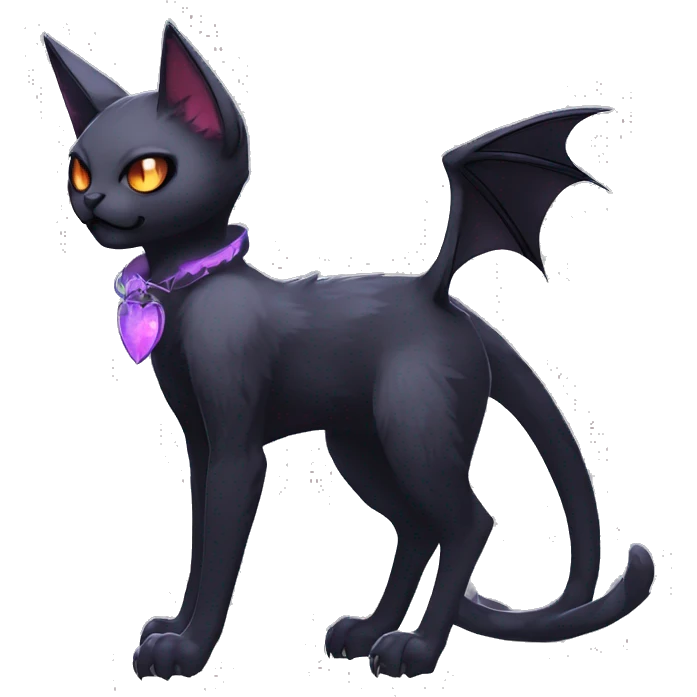   cool edgy beautiful anime-style ethereal dark-punk-themed animal vampiric cat-hybrid Fakemon with fangs and bat-wing-ears with a collar full body emoji