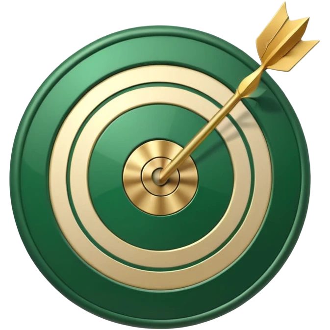 3D target icon with arrow hitting bullseye, modern glossy style, deep green (#0B3D2C) rings, gold (#C9B037) center and arrow, subtle glow, transparent background, premium render emoji