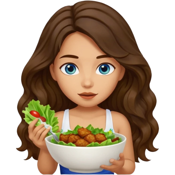 Girl with olive skin, blue eyes, brown dark insanely wavy long hair, white camisole. Eating a bowl of lettuce and chicken emoji