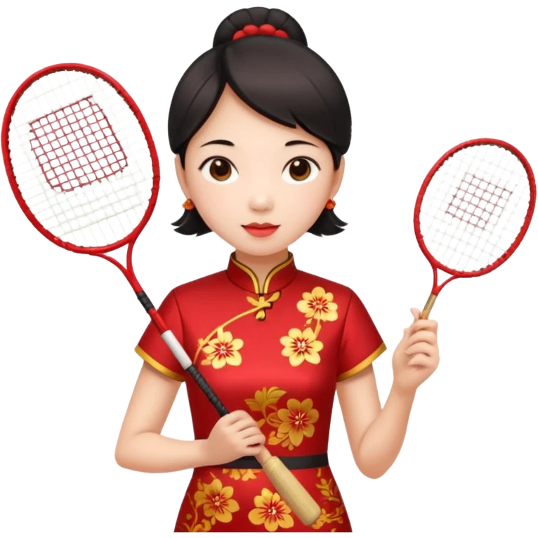 ancient cheongsam girl with 1 badminton racket, red emoji
