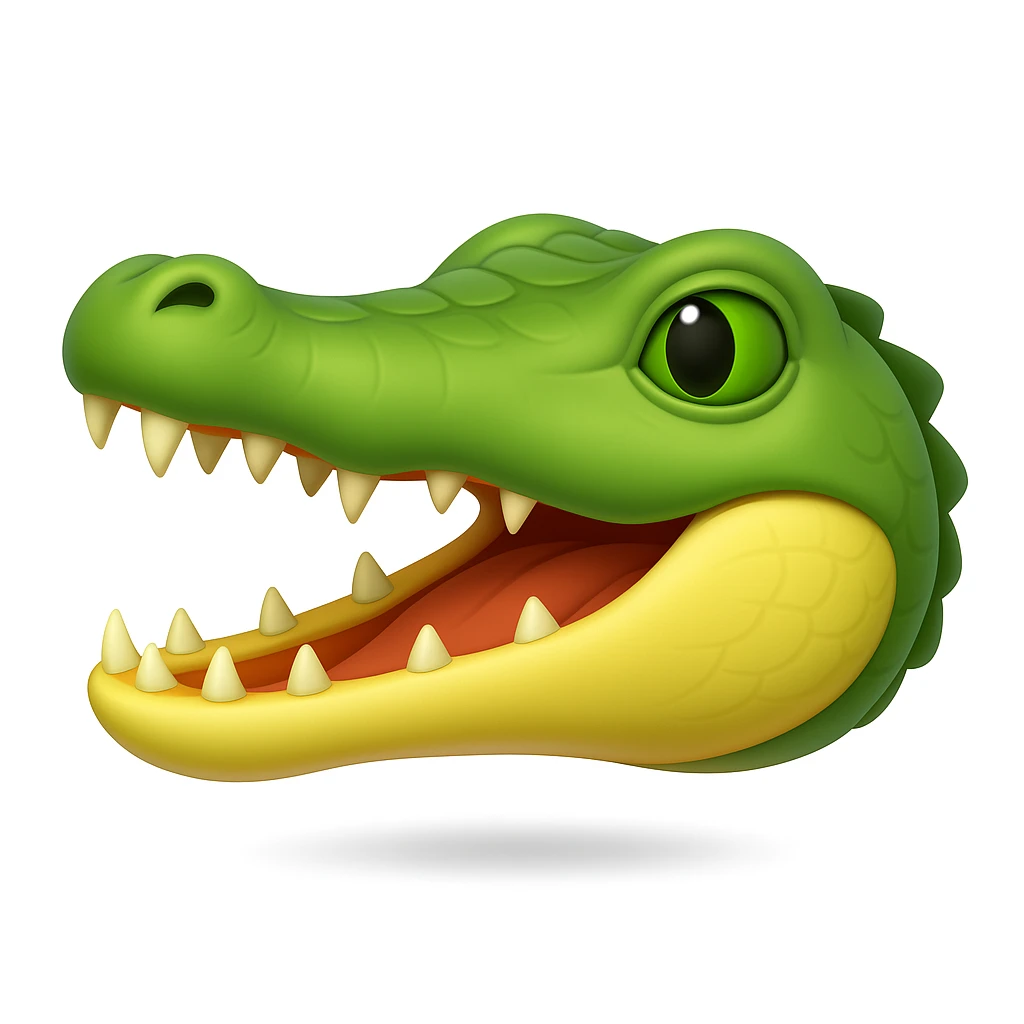 Create a crocodile emoji that looks exactly like the reference image in iOS emoji style. The emoji should be 3D with shiny, smooth gradients, soft shadows, and a realistic crocodile head with green scales and an open mouth, capturing the classic emoji look. Add a soft shadow under the head. emoji
