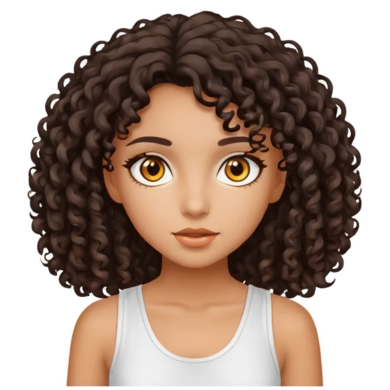 Ragazza con capelli mori e ricci, pelle abbronzata, occhi color ambra e con un outfit estivo bianco emoji