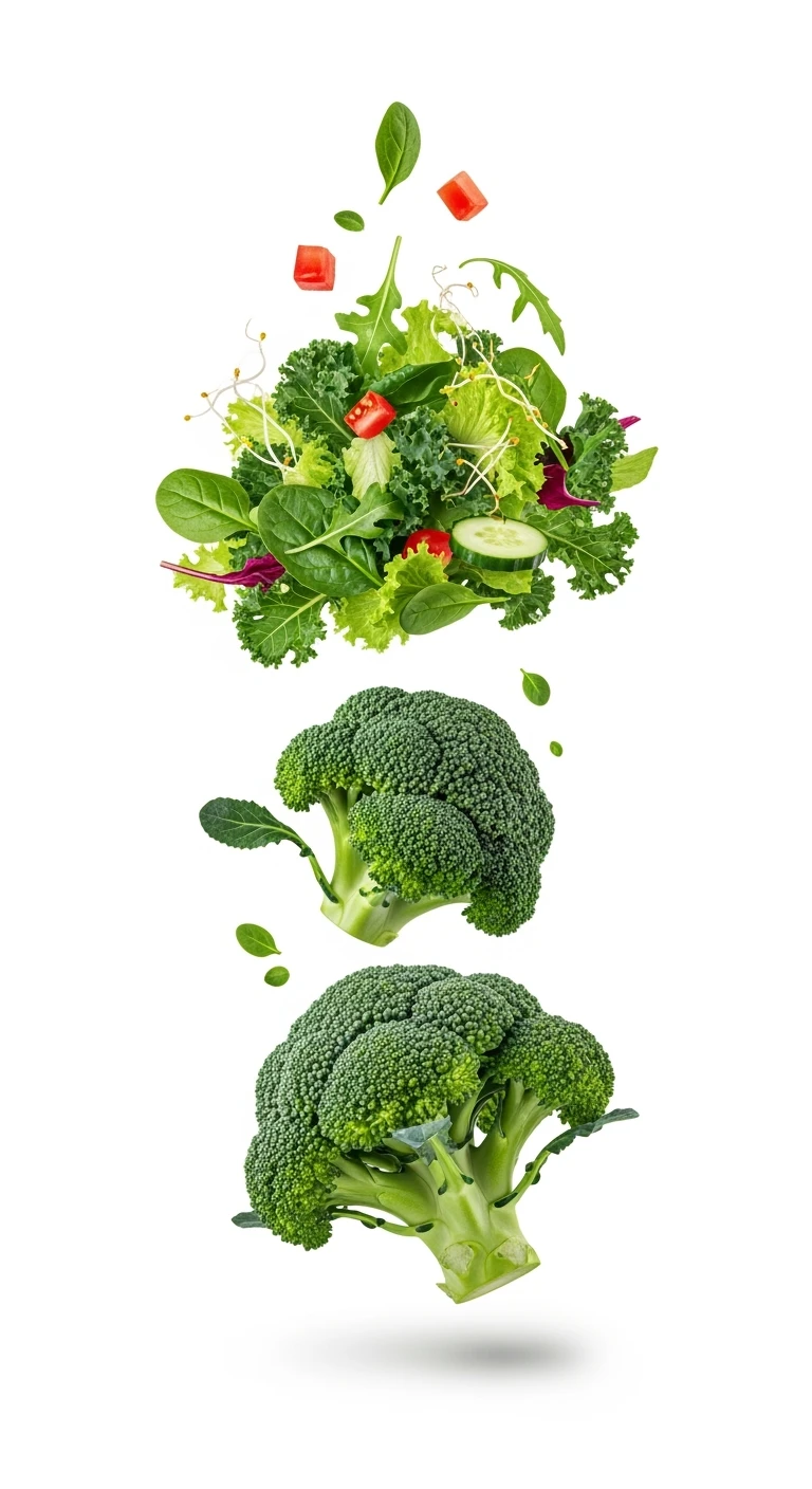 INSALATA E BROCCOLI FLUTTUANO IN ARIA, iperrealistico 4k, ISOLATA SU SFONDO BIANCO emoji
