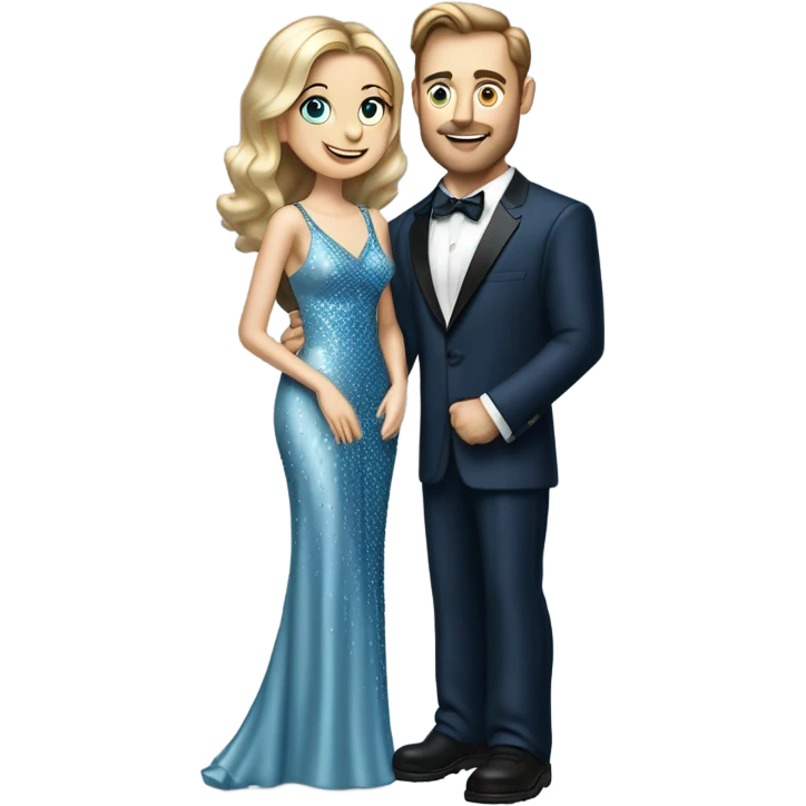 caucasian woman, in long slim pastel blue formal party satin dress with gradient shiny sparkling navy blue diamonds embroidered, full body full figure , and caucasian man in black dres on his knees asks her to marry her emoji