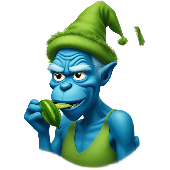 Blue Grinch sucking on a green pickle  emoji