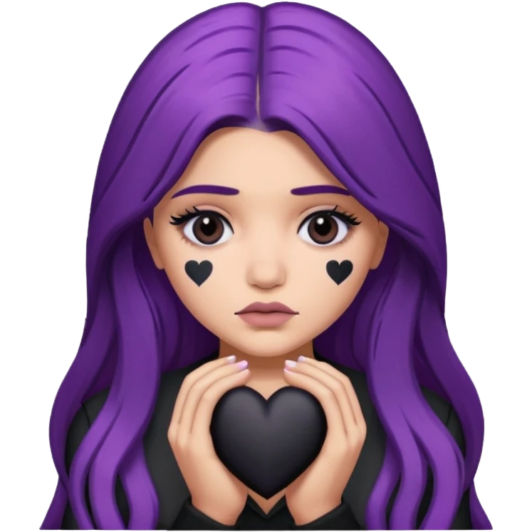 A Kylie Jenner with long purple hair is sad and holds a black heart in her hands emoji