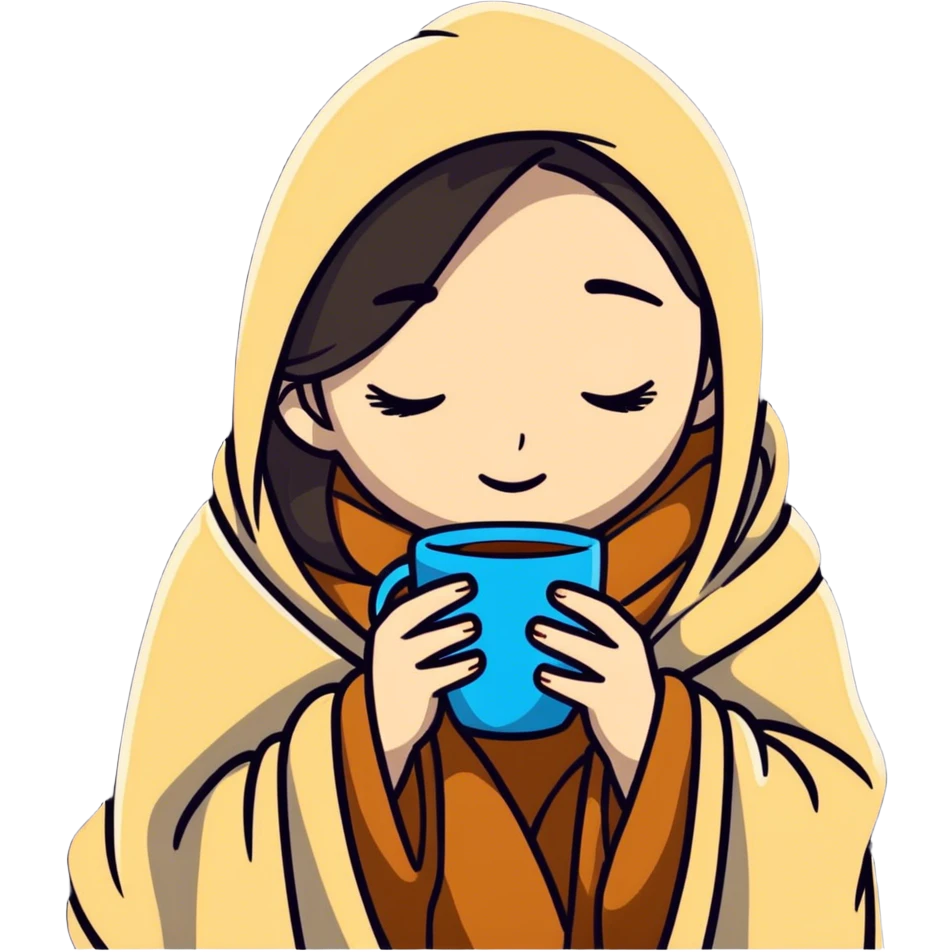 girl inside a blanket sipping coffee eyes closed emoji