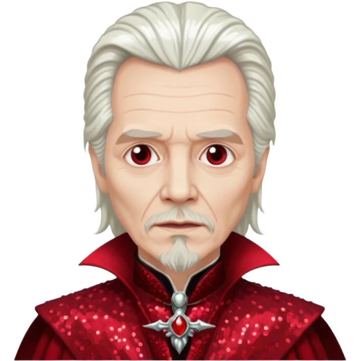 Gary Oldman as Dracula with long white hair, dark red sequin outfit, without glasses emoji
