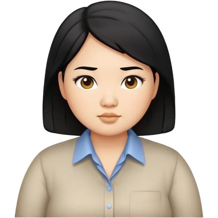 chubby asian waman with round eyebrow, shoulder length black hair, business casualshirt,  emoji