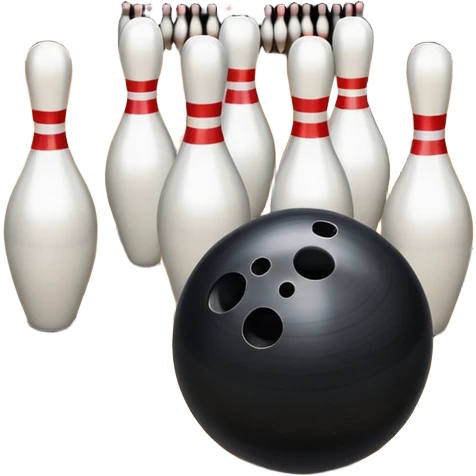 A bowling ball rolling down the lane towards a set of pins, with the pins poised to fall. The scene is set in a bowling alley with bright lights and a polished wooden floor, capturing the excitement and precision of the sport. emoji