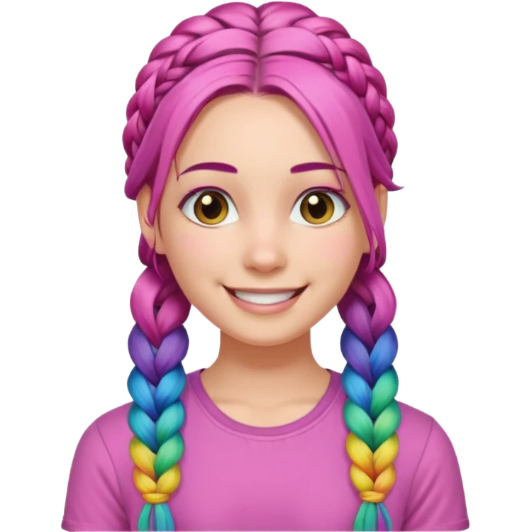 Woman with braided rainbow hair, happy — long braids, pink shirt emoji