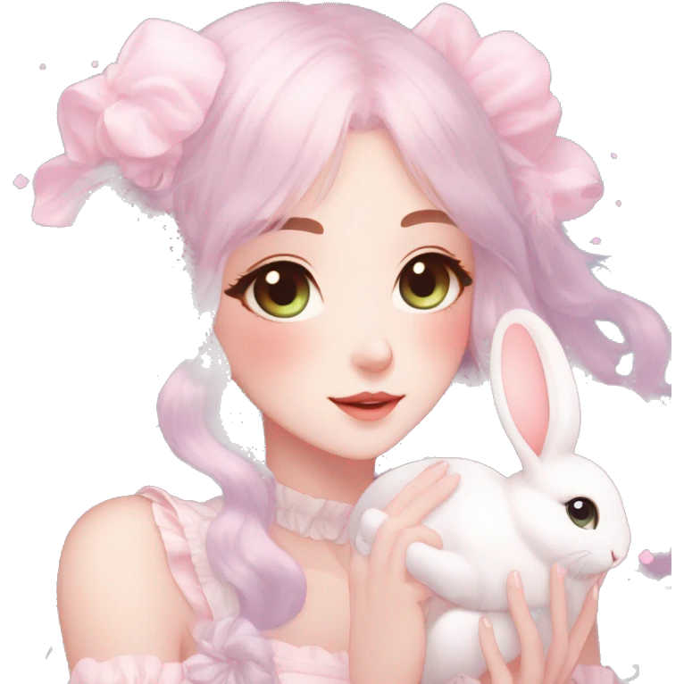 Gorgeous pastel anime style lady with blushing face and holding a bunny cottagecore fairycore pastelcore colorful pearly romantic simplistic aesthetic trending style emoji