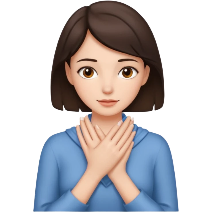 a brunette woman with two hands wrapped opposite around her neck emoji