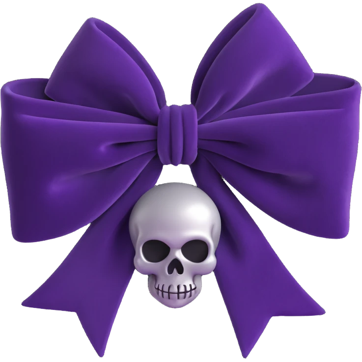 3D emoji gothic bow, deep amethyst velvet, silver skull charm, black rose center, rich and gothic emoji
