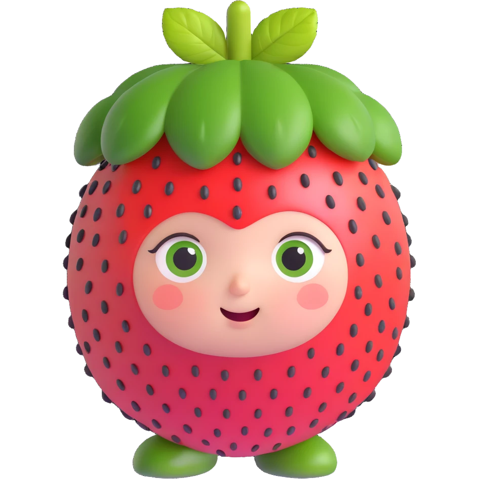 3D super cute strawberry person, chubby round strawberry head, green leaves on top, big shiny eyes, soft pastel colors, tiny seeds on face, only facial expressions emoji